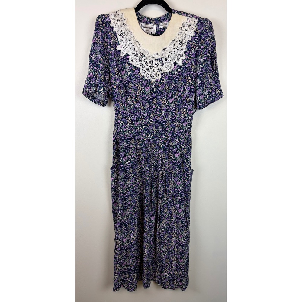 Karin Stevens Dress 12 Purple Floral‎ Vintage 90s Lace Collar Cottagecore Midi